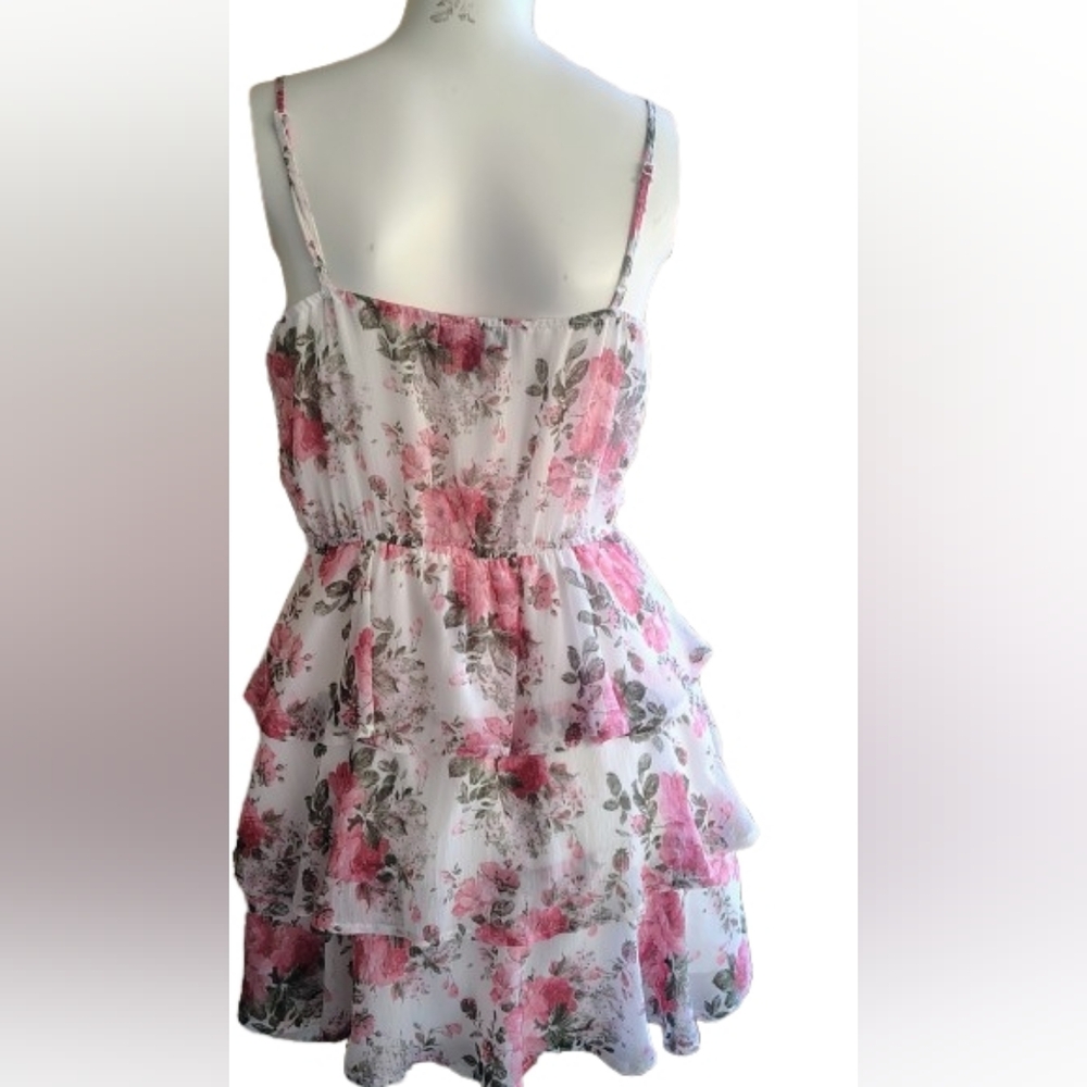 Trixxi Floral Tiered Ruffle Mini Dress | Pink & White | Size M - Picture 6 of 7